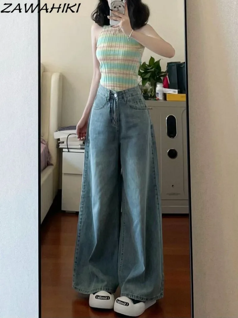 

ZAWAHIKI Baggy Jeans Vintage Slid Color Wide Leg Spring Fall New Arrive High Waist Light Blue Straight Sweet Y2K Aesthetic Pants