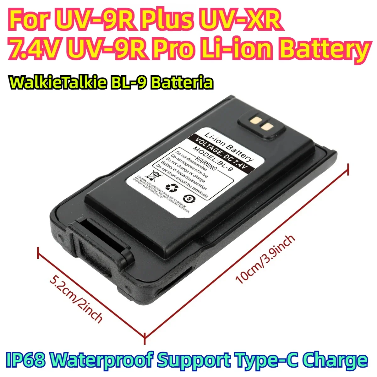 Dla UV-9R Plus UV-XR 7,4 V UV-9R Pro Akumulator litowo-jonowy WalkieTalkie BL-9 Batteria IP68 Wodoodporna obsługa Ładowanie typu C