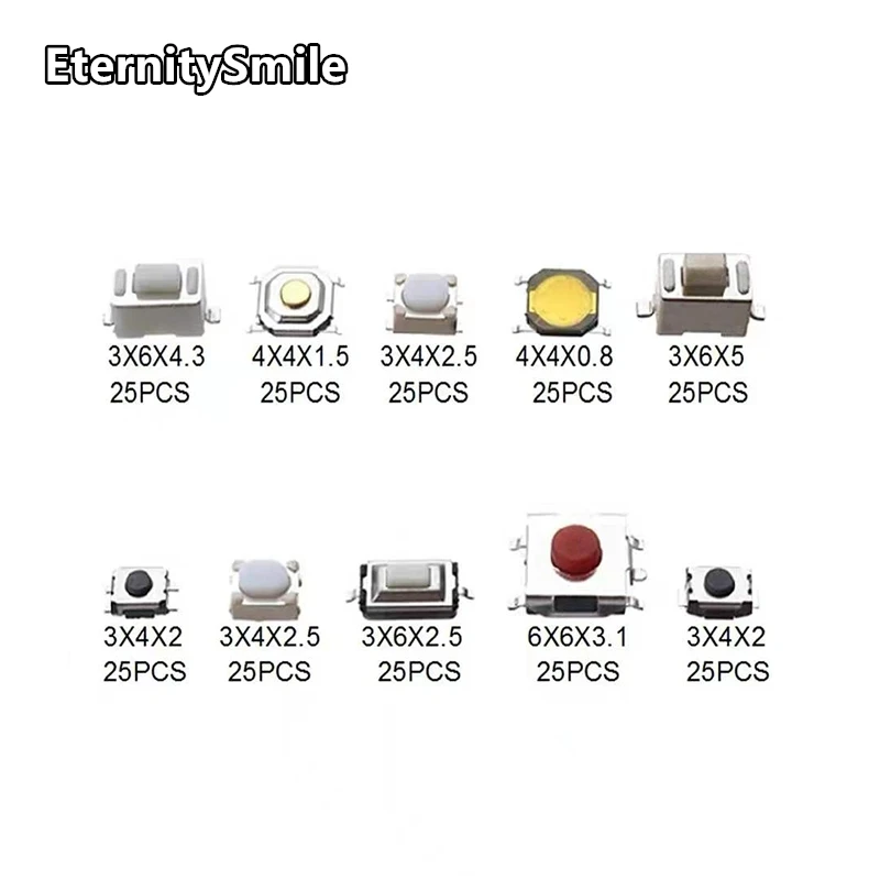 250 Pieces/Box of Micro Switch Combination Button Light Touch Switch Reset 10 Type Mini Leaf Switch SMD DIP 2*4 3*6 4*4 6*6 DIY