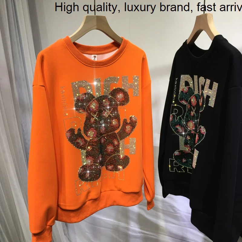 Trendy Hot Blingbling Drilling O-neck Hoodie Top All-match Loose Long Sleeve Orange Sweatshirt Autumn Casual Pullovers Sweater