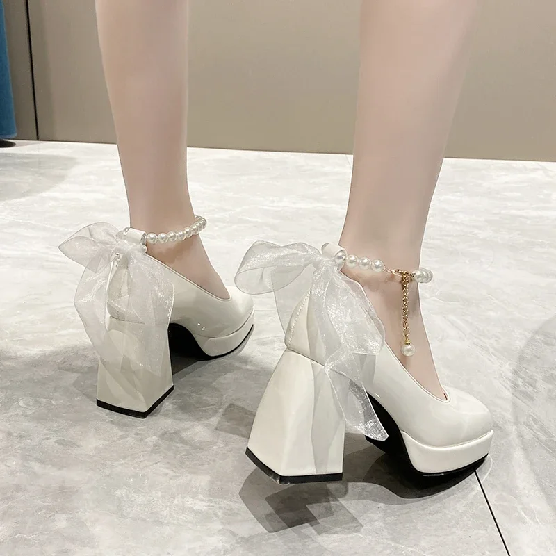 Ladies High Heels Elegant Bow Square Toe Black Fashion Women\'s Pumps Thick Heel Wedding Party Pearl Lace Wedding Shoes for Women