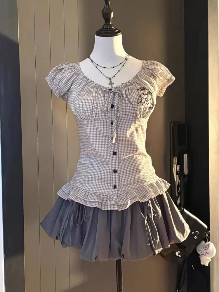 Fashion Vintage 2025 Short Sleeve Shirt 2-piece Set Women Summer Design Slim Plaid Tops + Retro High-waist Wrinkle Petal Skirt