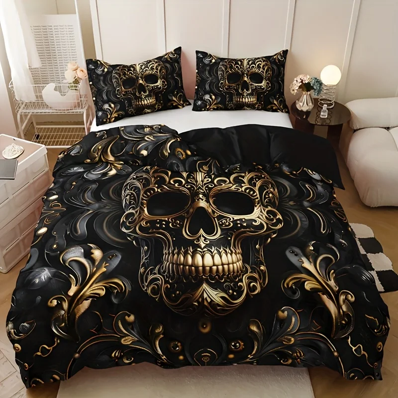 Metallic Skull Duvet Cover Set Black Golden Gothic Skull Design Breathable Machine Washable Comfort for Home