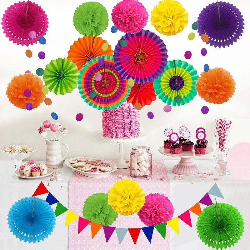20 Pcs Pom Poms 꽃 매달려 종이 팬 삼각형 깃발 깃발과 Garlands 문자열 폴카 도트 생일 파티 멕시코 파티
