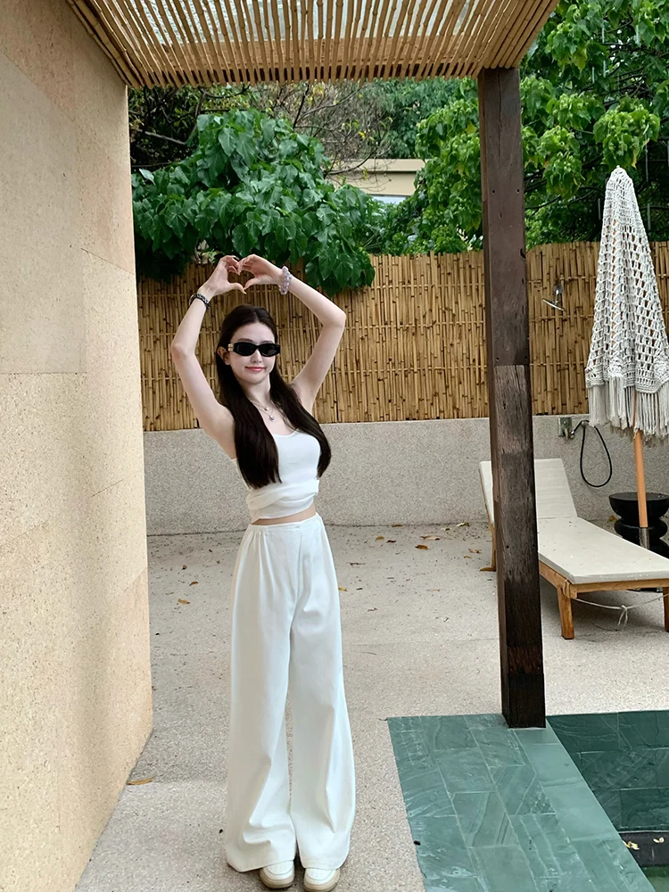 

Летние свободные белые джинсы для женщин: тонкие широкие брюки с высокой талией из хлопка, повседневные, на молнии, свободного кроя