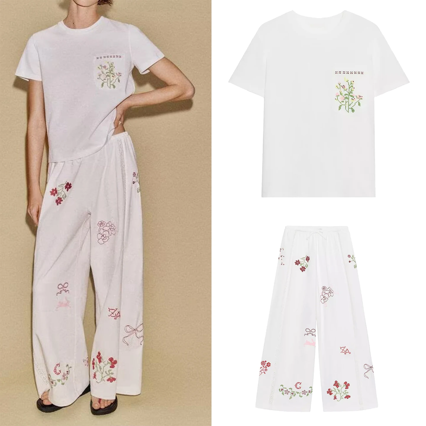 

Women's Fashion Spring 2026 Short Sleeve round Neck Embroidered Pocket T-Shirt Straight Leg Long Pants Two Piece Set ZADATA B...