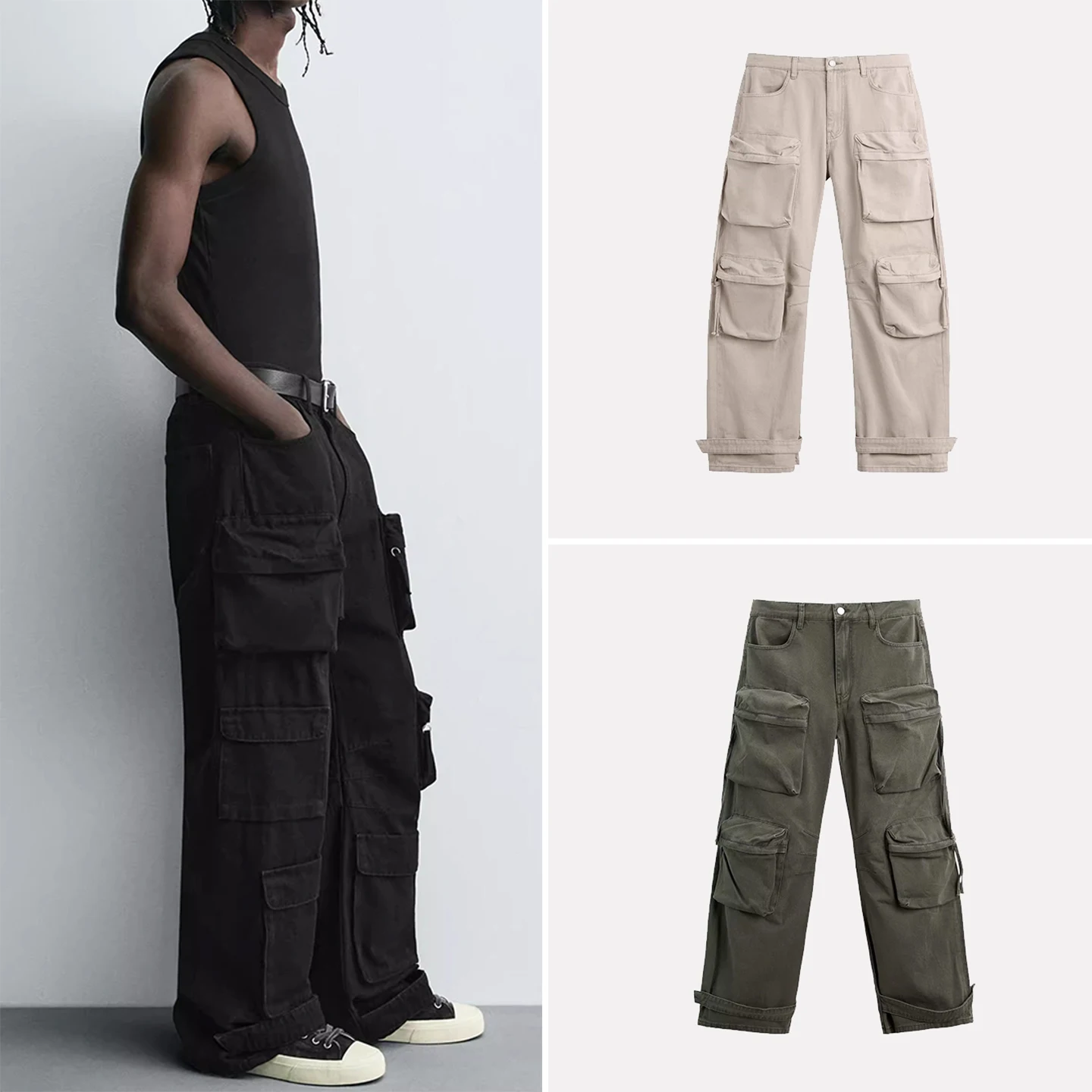 

Loose Men's Denim Workwear Sle Pants with kets Straight Leg mid Waist Button Closure Casual Trousers for Men