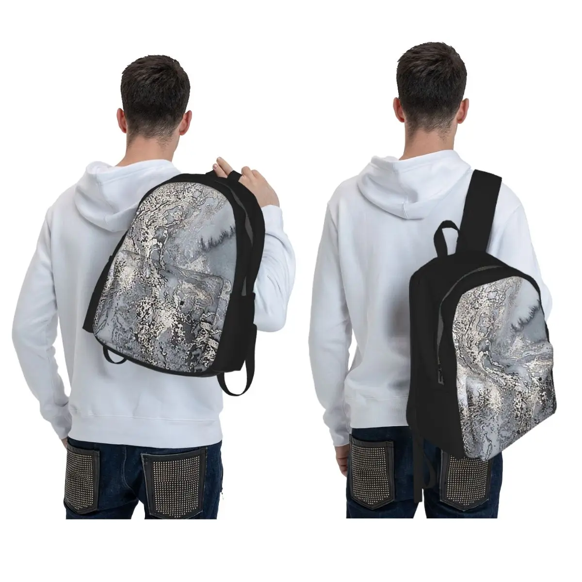 Grey And Silver Marbl Backpack Daypack Large Capacity Children BookBag School Bag Shoulder Bags for Men Women
