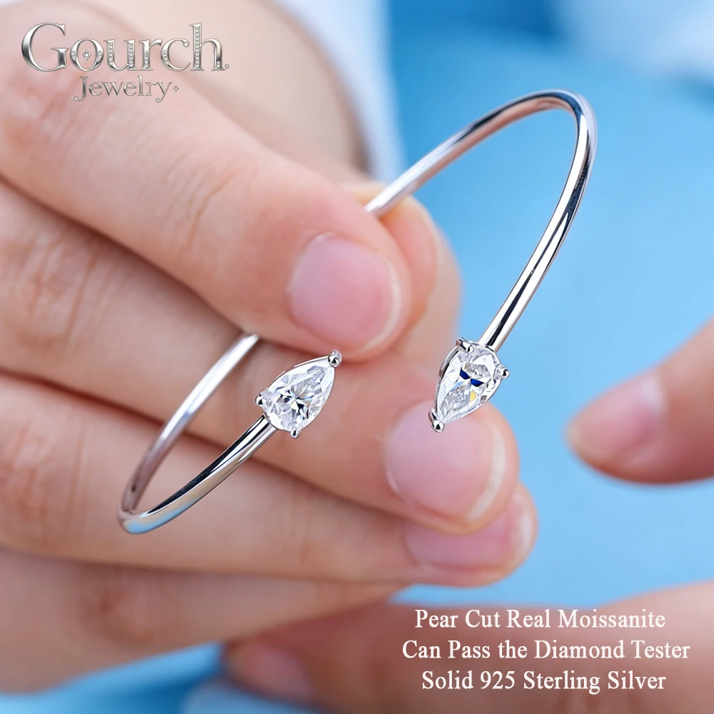 

Gourch 2Cttw D/VVS1 Pear Cut Real Moissanite Open Bangle for Women Solid 925 Sterling Silver Waterdrop Diamond Bracelet Cuff