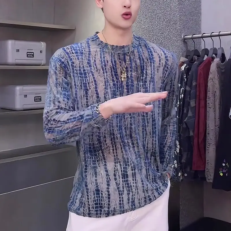 Men Striped Mesh Sheer See Through Long Sleeve O Neck Sweatshirts Fashion Chic Casual All-match Sexy Party Tops Tee Blue Dating