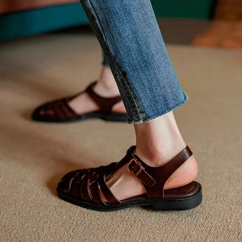 Summer Sandal Retro Ladies Cowhide Women SandalsSpring Shoes Vintage Gladiator Buckle Strap Roman Style Closed Toe Shoes Woman