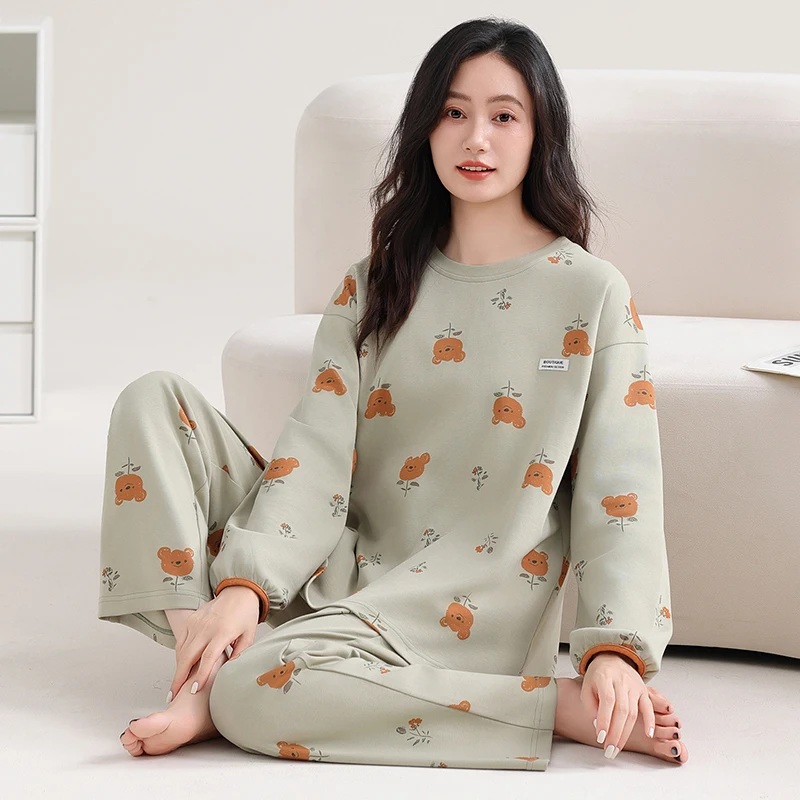 

Newest Spring and Autumn Women Pajamas Set Knited Cotton Pyjamas Women Cute Cartoon Long Sleeve Sleepwear