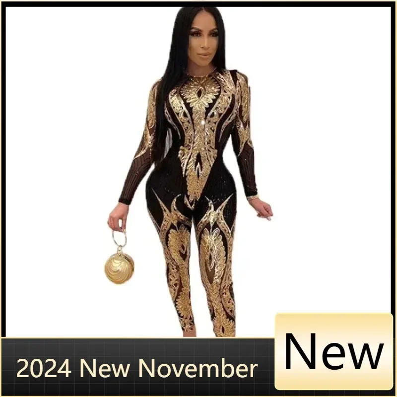 

Customized Sequin African Clothes for Women 2025 Autumn Fashion African Long Sleeve O-neck Gold Silver Party Evening Long Jumpsu