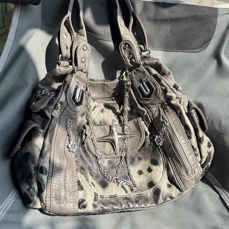 

Large Capacity Tote Bags for Woman Leopard Print Shoulder Bag Chain Bolso Y2k Spice Girl Goth Sac Femme Original Bolsos Mujer