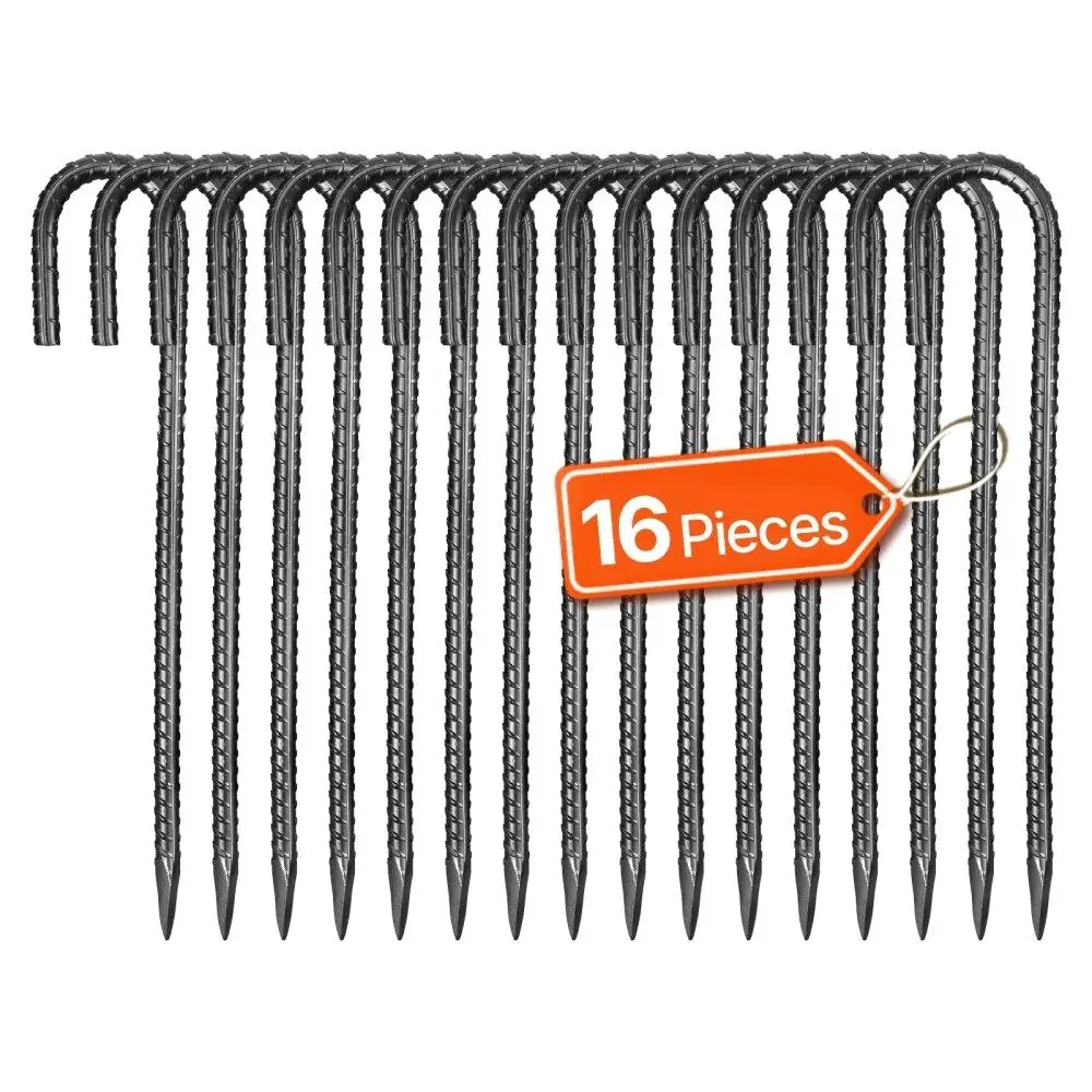 

12Inch 16Pack Heavy Duty J Hook Rebar Stakes Galvanized Steel Ground Anchors for Camping Gardening Landscaping