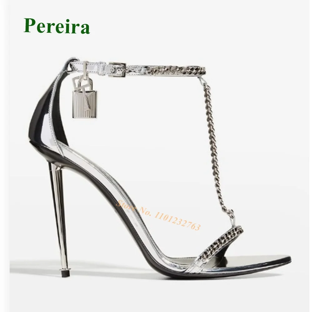 Chain Decor Metal Heels Sandals Padlock Buckle Strap Open Toe Women\'s Sandals Black Leather Luxury Elegant Party Shoes Big Size