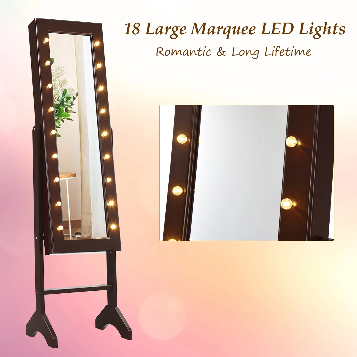 Free Standing Mirrored Jewelry Cabinet Armoire Organizer w/ 18 LED Lights Brown