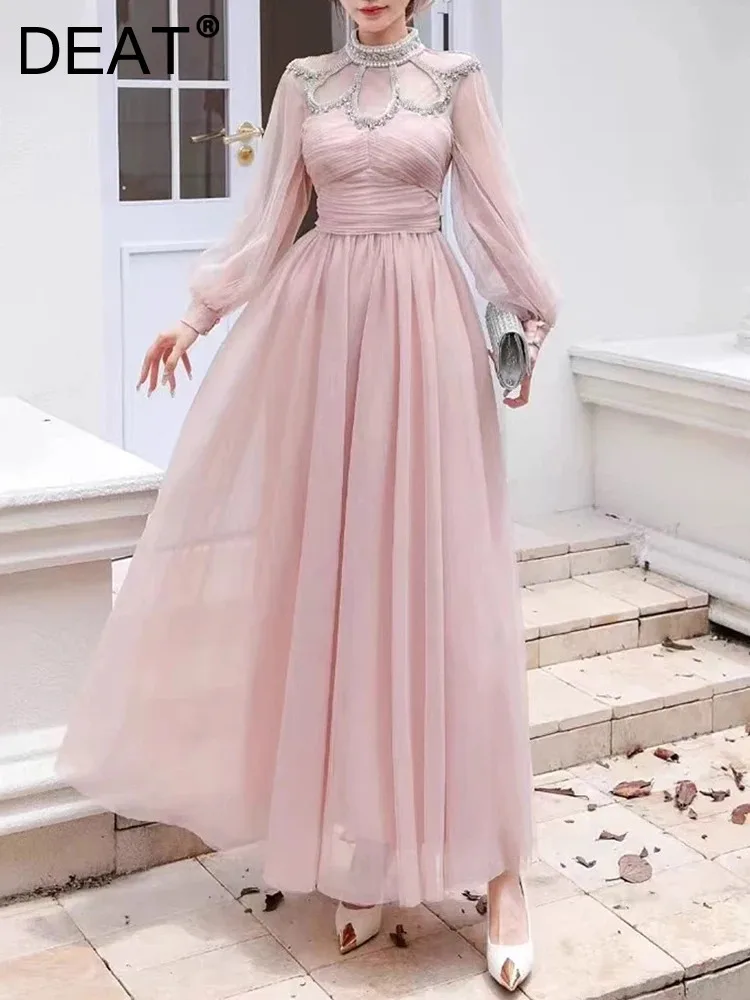 

DEAT Elegant Dress Diamond Edge Stand Gauze Patchwork Solid Long Women's Evening Party Dresses 2024 Autumn New Fashion 35Z1140