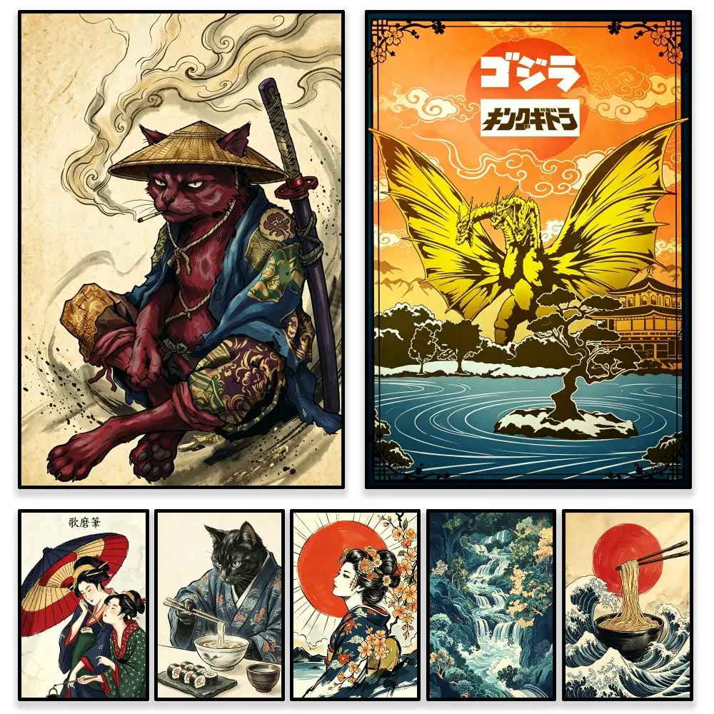 Art Modern Creative Ukiyoe Poster Self Adhesive PP Wall , Waterproof Wall Decor Gift for Bedroom, Office and Dorm