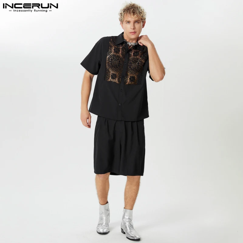 INCERUN Men Sets Lace Patchwork Transparent Lapel Short Sleeve Shirt & Shorts Two Pieces Sets Streetwear Summer 2024 Men\'s Suits