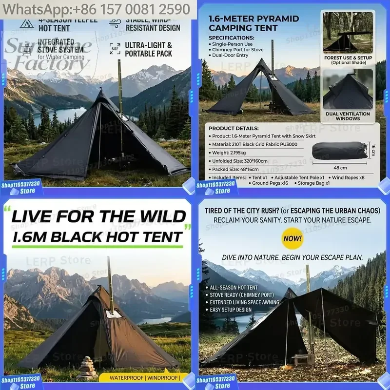 Breathable Two Bedrooms Pyramid Tent with Top Vent & Stove Jack 1.6m Hot Tent for Camping Waterproof Four-Season Outdoor