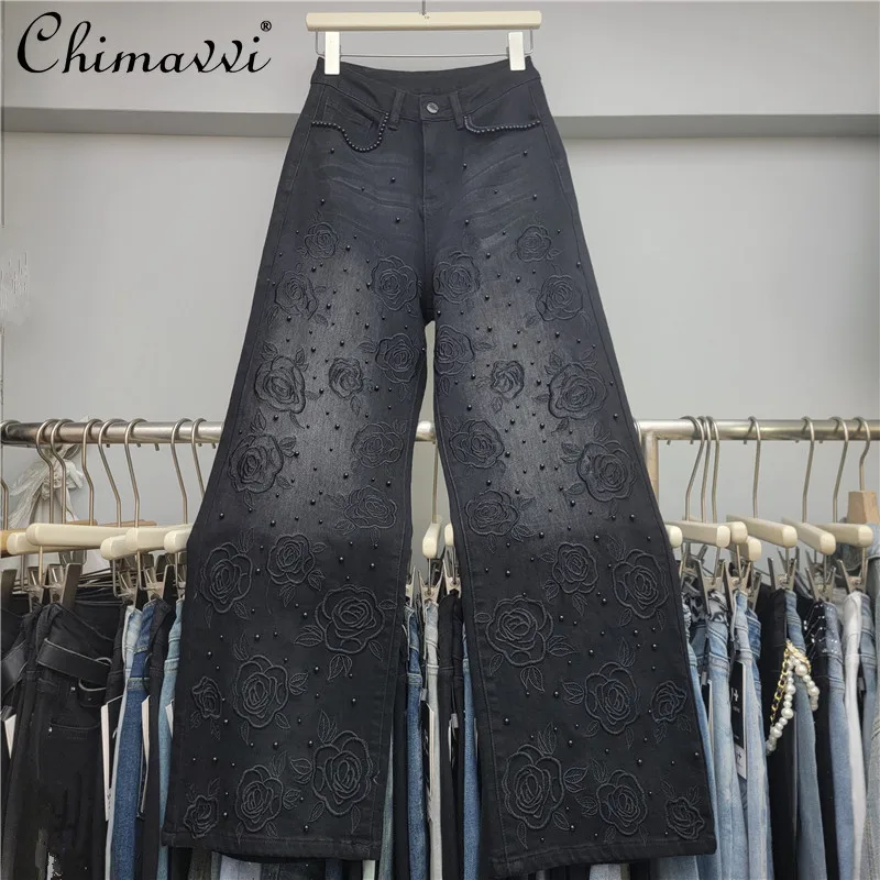 

Осенние новые тяжелые черные розы с вышивкой бисером широкие брюки модные прямые свободные эластичные джинсовые брюки с высокой талией женские
