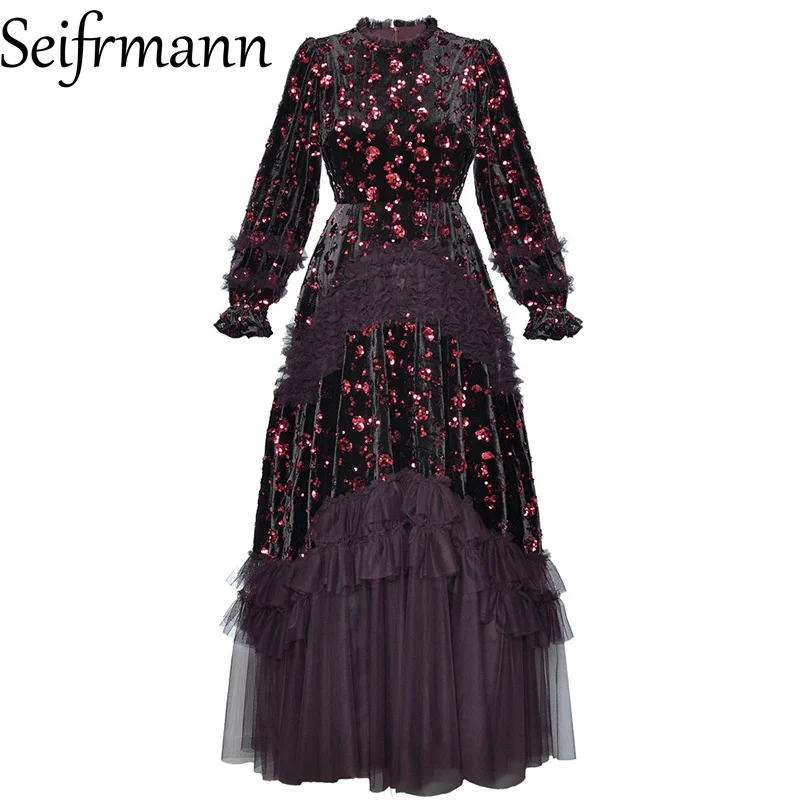 Seifrmann 2026 printemps femmes nouvelle mode col rond à manches longues mousseux velours épissage maille taille cintrée robe