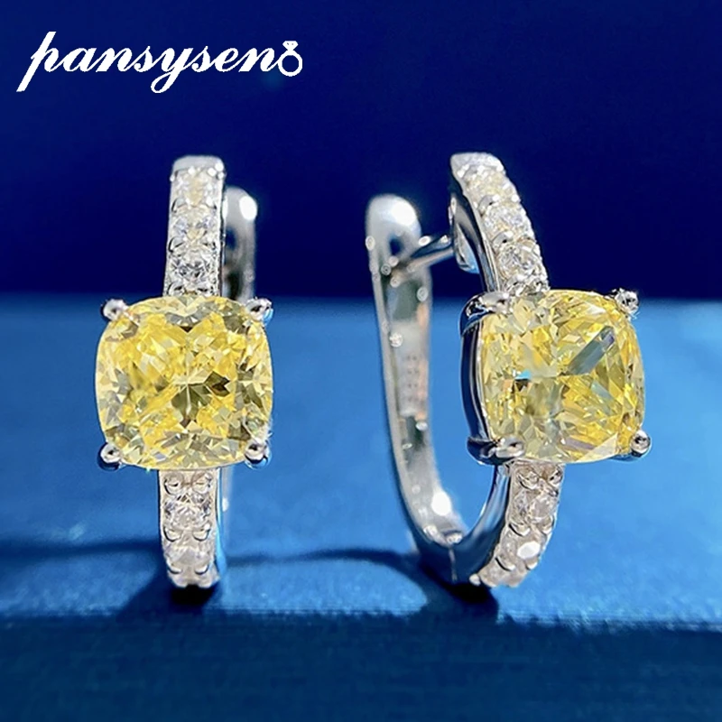 

PANSYSEN New Classic 925 Sterling Silver 6MM Cushion Cut Sparkling Citrine High Carbon Diamond Clip Earrings Party Fine Jewelry