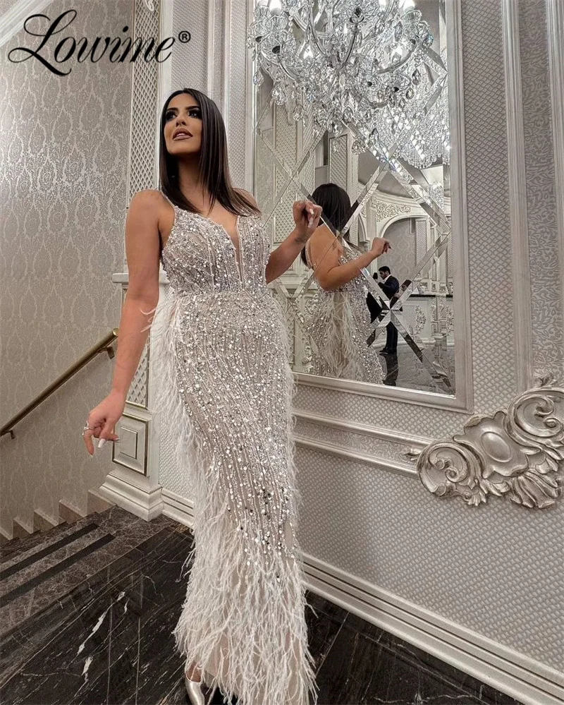 Feathers Arabic Party Dress Full Beading Crystals Evening Gowns Off White Spaghetti Straps Celebrity Dresses Luxury Prom Dress