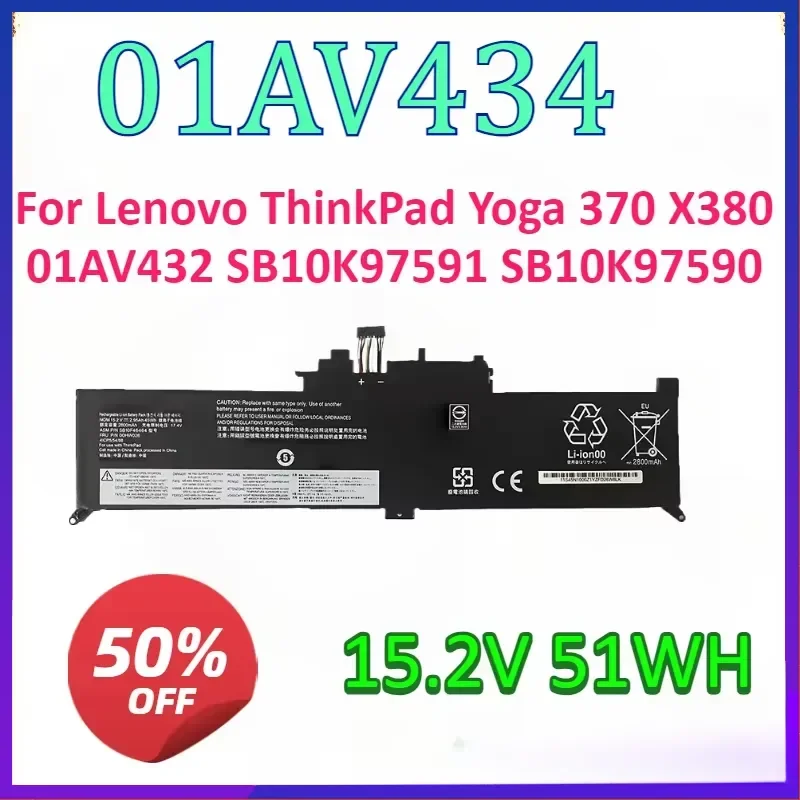 New 01AV434 15.2V 51WH 3100mAh Laptop Battery For Lenovo ThinkPad Yoga 370 X380 01AV432 SB10K97591 SB10K97590