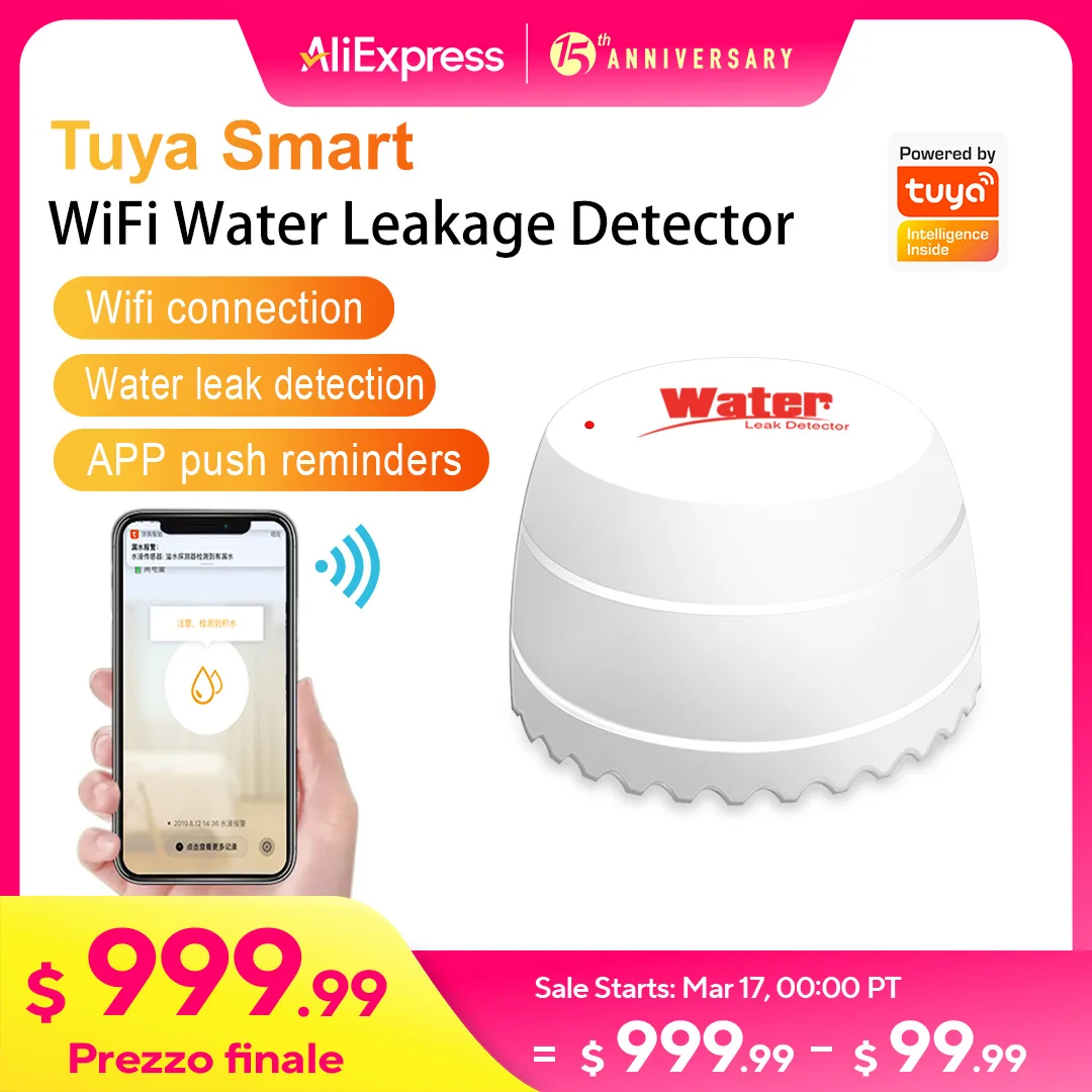 Tuya WiFi rilevatore di perdite d'acqua sensore di inondazione Smart Life APP monitoraggio remoto allarme di inondazione sicurezza di troppopieno con Alexa Google