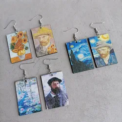 Artist's Oil Painting Starry Night Sunflower Charm Wood Earring For Women Party Gift Jewelry Pendientes серьги 2023 тренд