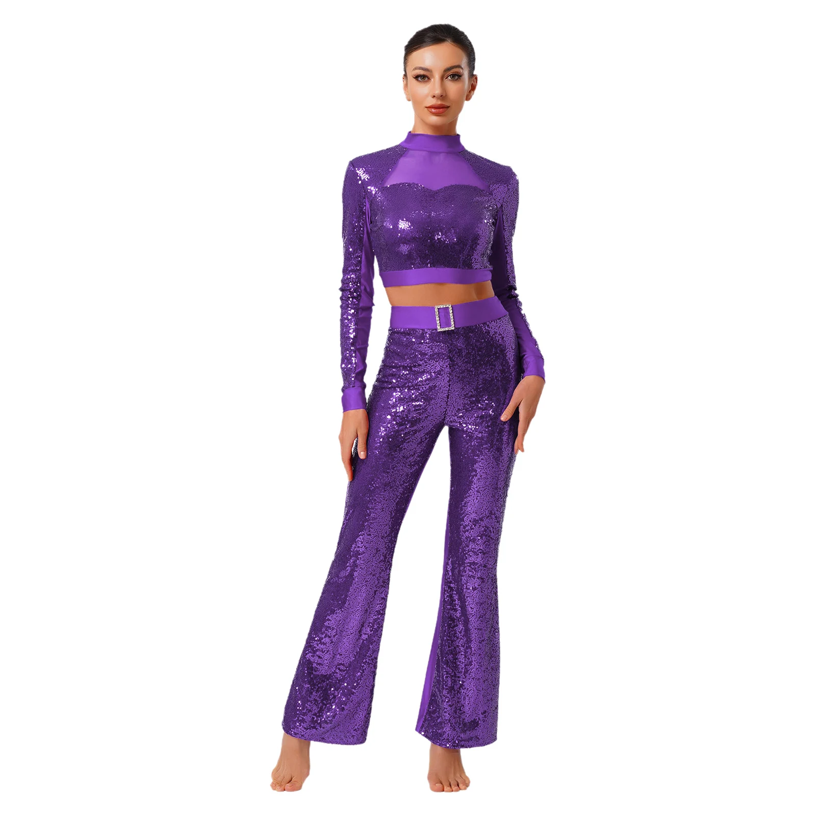 

Shiny Sequin Women Jazz Dance Latin Tango Disco Outfits Rock Music Stage Costume Long Sleeves Crop Tops and Flared Pants Sets
