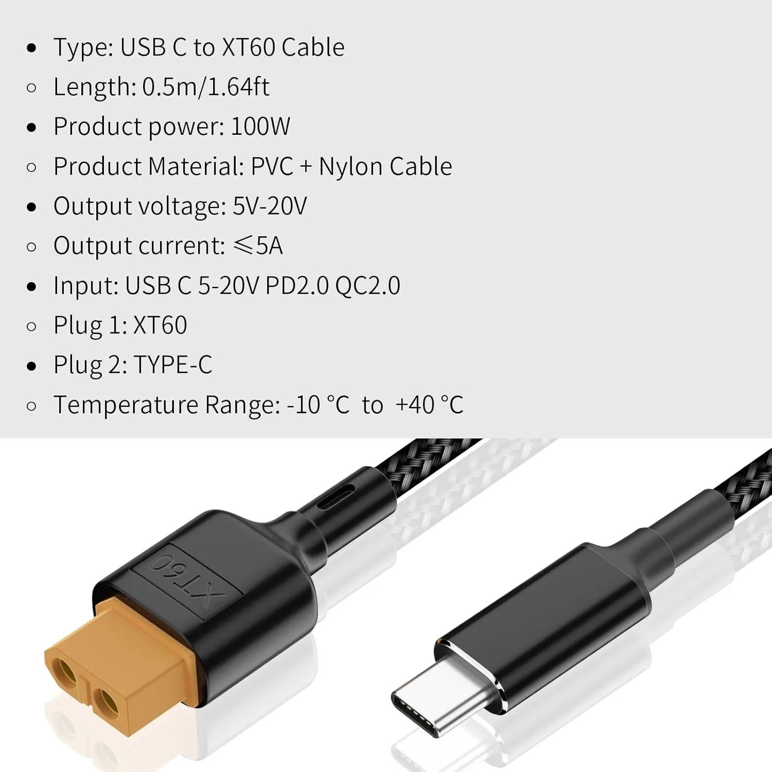 USB C to XT60 Adapter Type-C to XT60 Charging Cable PD 100W 20V/5A Charging Cord for Tool-kitrc M7 M6 M6D M8S AMASS Charger