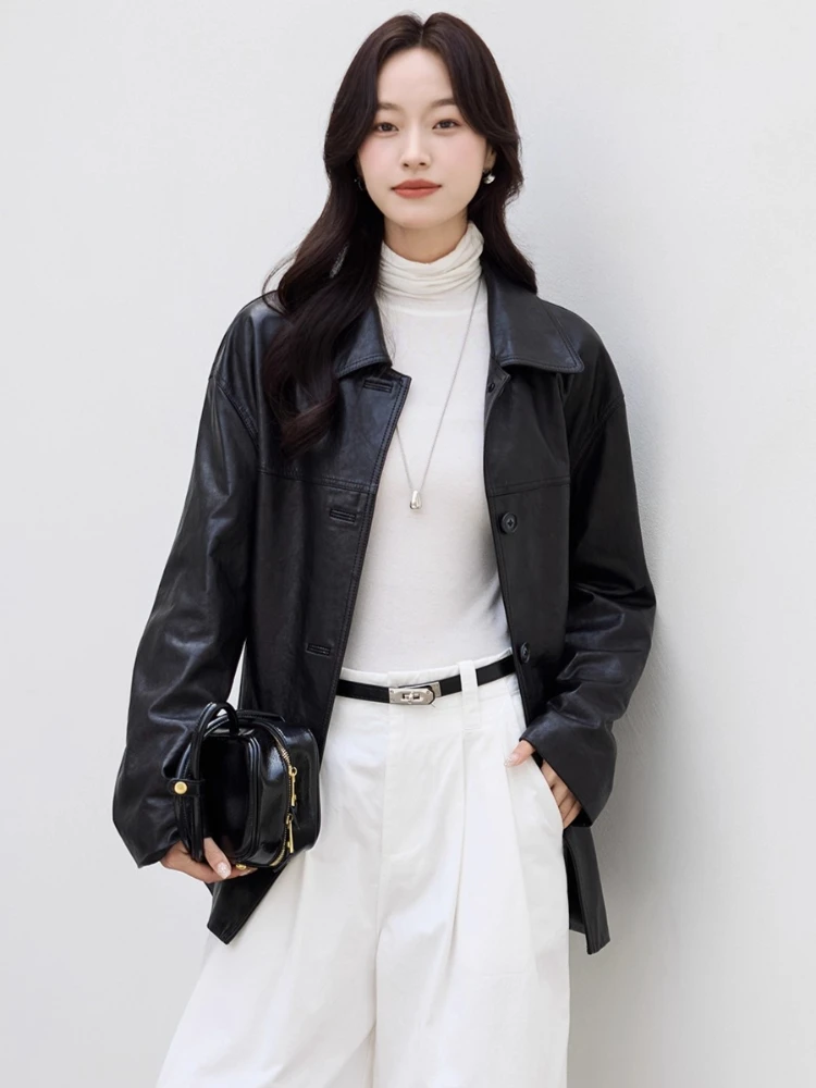 Casual Black Genuine Leather Windbreaker Jackets Women Spring Autumn 2025 New High-end Simple Soft Oil Wax Real Sheepskin Coat