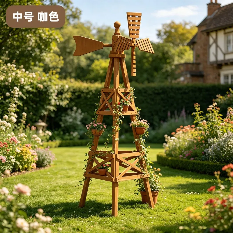 Wooden Windmill Flower Stand Decor for Balcony Home Cafe Display Rack