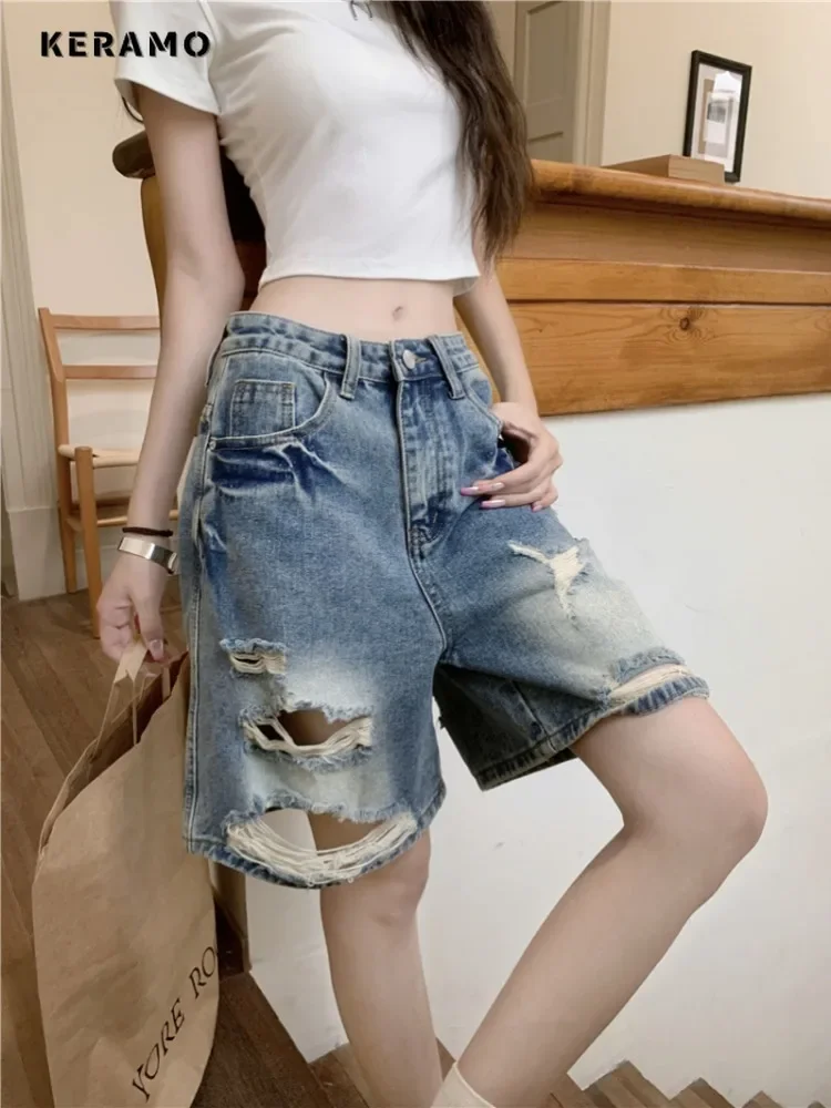 Women's Washed Y2K Baggy Ripped 2000s Denim Shorts Female High Street Retro High Waist Trashy Jeans Vintage Casual Shorts