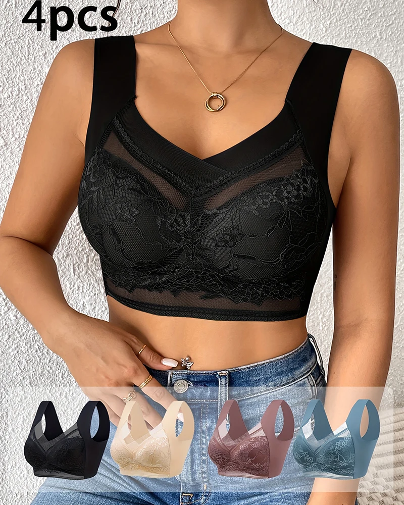 FINETOO 4 Buah Tank Top Crop Seksi Ukuran Plus Bra Mulus Bra Wanita Push Up Bra Nirkabel Pakaian Dalam Wanita Lingerie Renda Olahraga