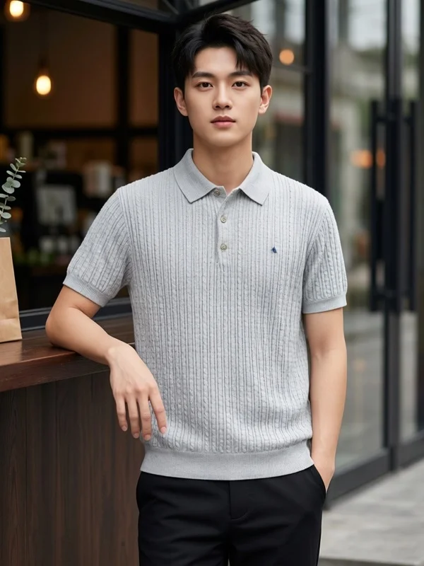 Lightweight Knitted Grey  Shirt for Men Short Sleeve Turn-down Collar Business Style Summer Breathable Comfortable T-shirt