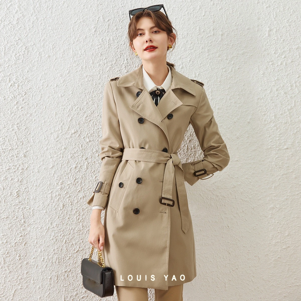LOUIS YAO British Mid Length Trench Coat 2026 Double Breasted Women's Jackets Removable Belt Notched Lapel Trench