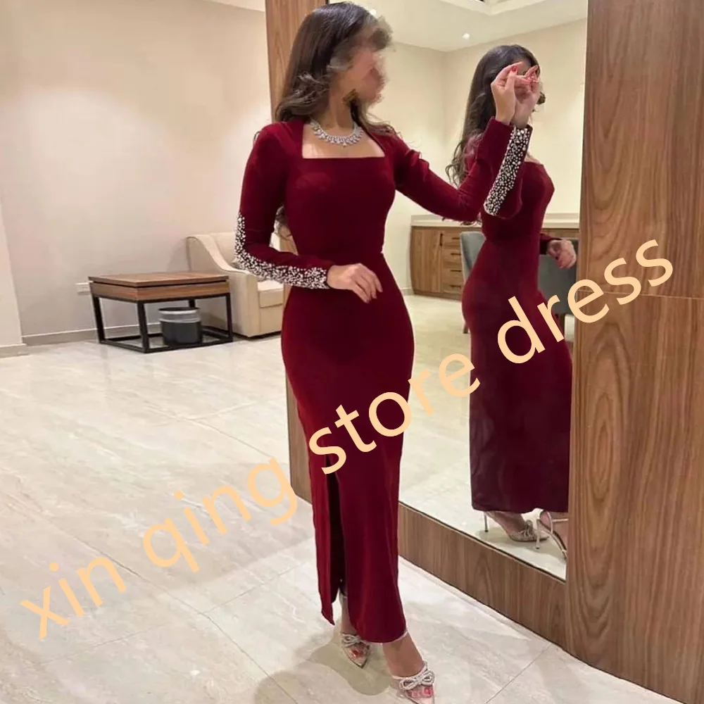 Customized Exquisite Burgundy Jersey Crystal Prom GownsFormal Mermaid Pleats Side Slit Ankle Length Square Neck Evening Dresses