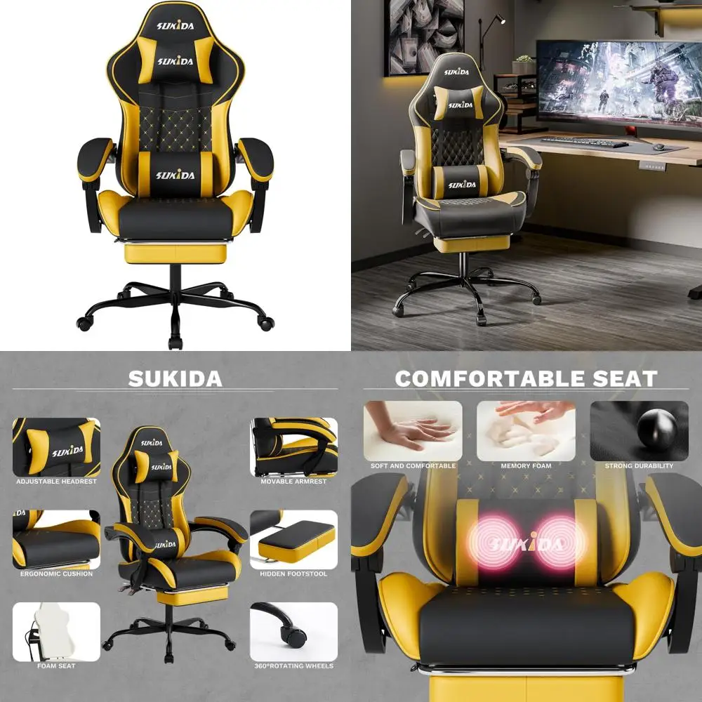 كراسي ألعاب مريحة للبالغين مع دعم قطني للتدليك، دوارة، ارتفاع قابل للتعديل، ومسند رأس للألعاب المريحة E