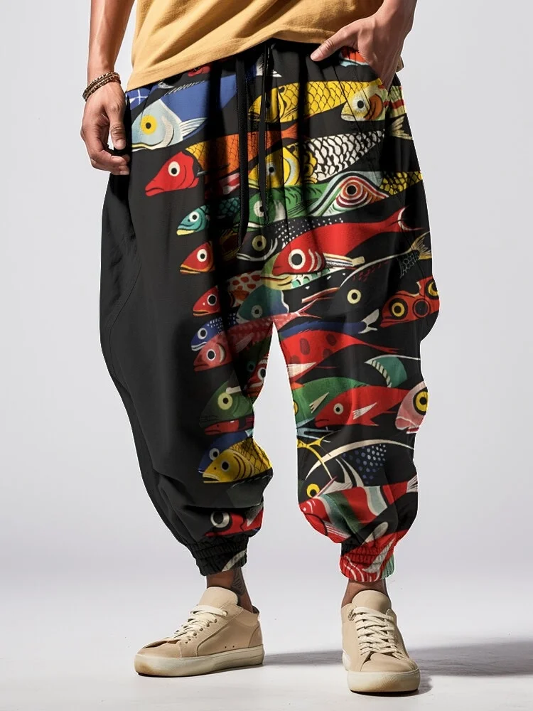 メンズ マルチカラー フィッシュプリント ルーズ ドローストリング ウエスト スウェットパンツ カジュアル エラスティック ウエスト ヴィンテージ ボトムス 2025 シック ポケット スポーツパンツ
