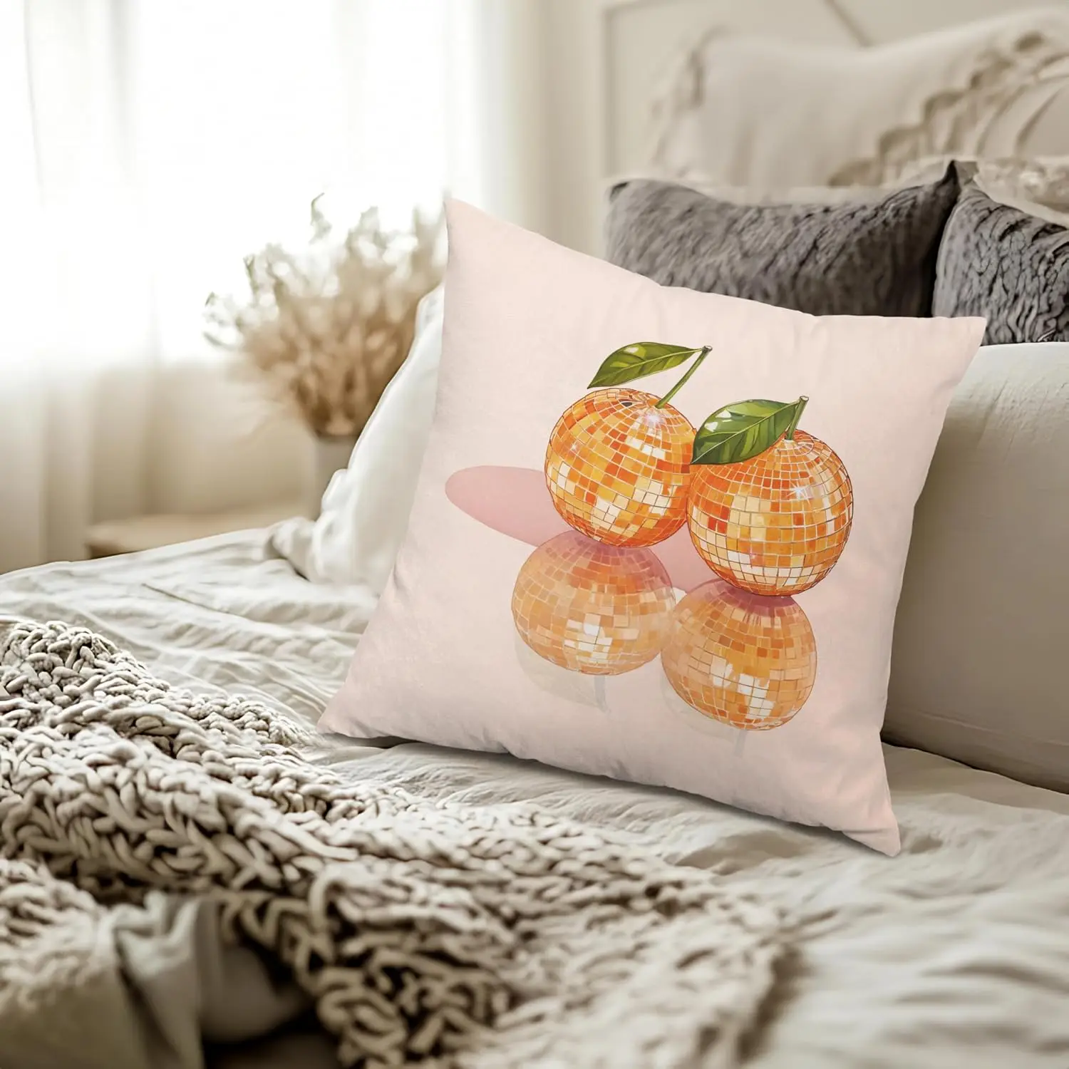 Trendy Orange Disco Ball Pillow Covers 18x18, Orange Room Decor, Funky Glam Disco Preppy Girly Citrus Fruit Decorative Throw Pil