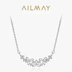 Ailmay Authentic 925 Sterling Silver Shining CZ With Flower Shape Pendant Necklace for Women Wedding Engagement Jewelry Gift