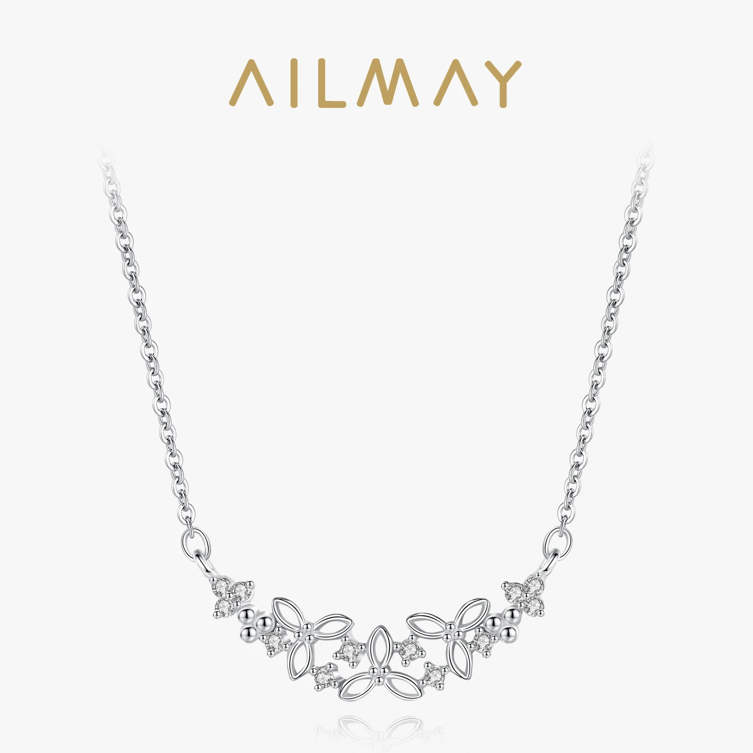 Ailmay Authentic 925 Sterling Silver Shining CZ With Flower Shape Pendant Necklace for Women Wedding Engagement Jewelry Gift