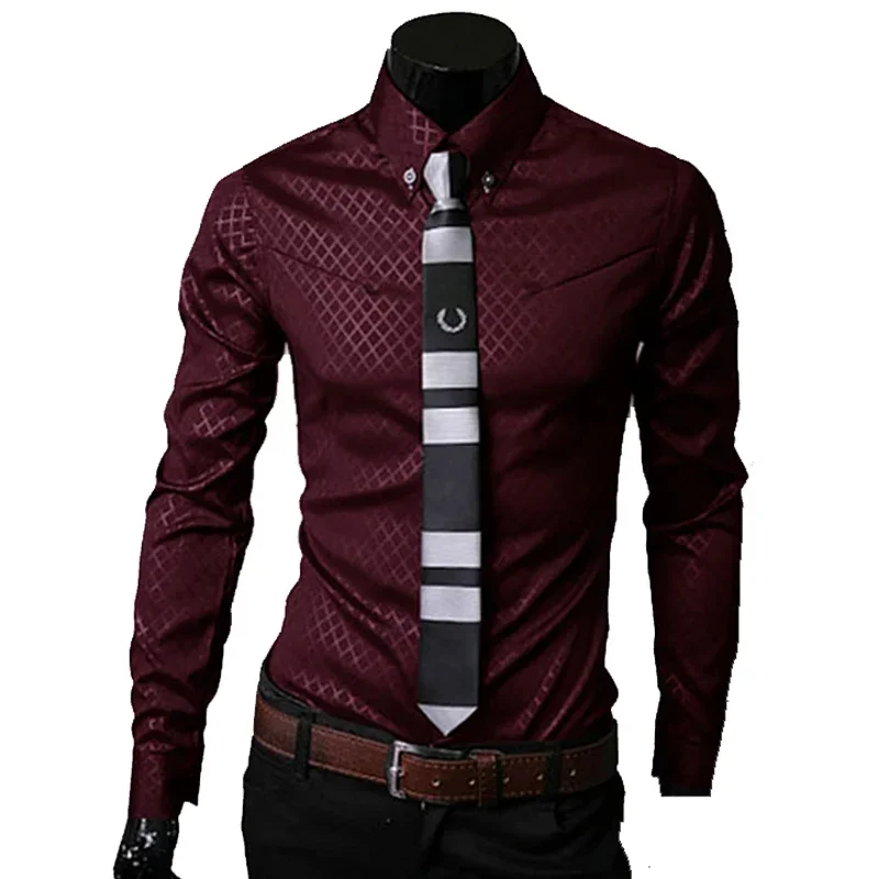 Thin Men Plaid Shirts 2025 Solid Mens Checkered Office Shirts Long Sleeve Slim White Shirt Male Social Chemise Homme Clothing