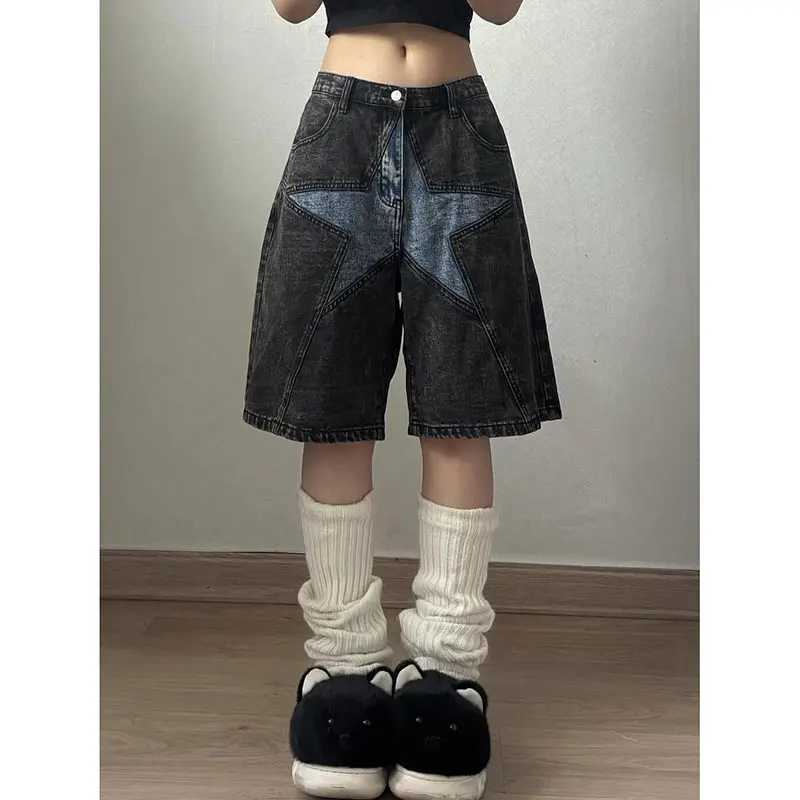 

Летние джинсовые брюки длиной до икры с принтом Y2K, винтажные повседневные черные брюки в стиле эмо, женские джинсы с высокой талией в стиле гранж 2000-х годов