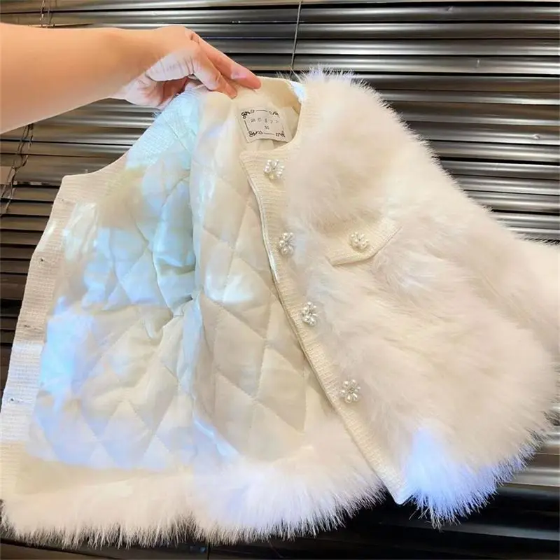 123  Fake Fur Girls Jacket Autumn Winter New Solid Color Thick Keep Warm Single-Breasted Coat For Girls Fashion Outerwear 2-8 Y