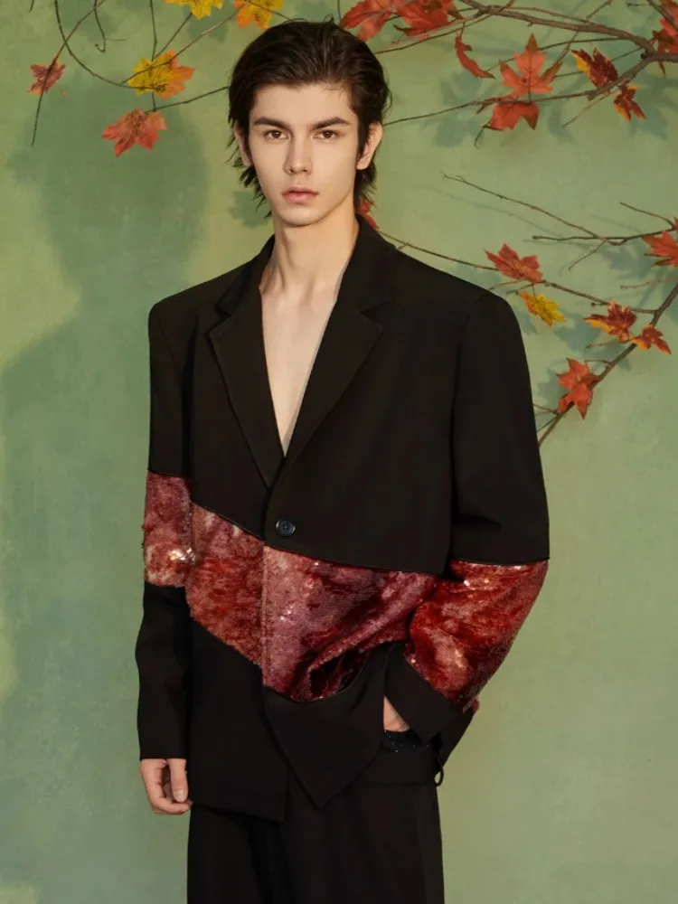 Mens Fashion New Chinese Style Patchwork Blazers Loose Fit Suit Collar Jacket Single Button Business Casual Coat Chic Outerwear